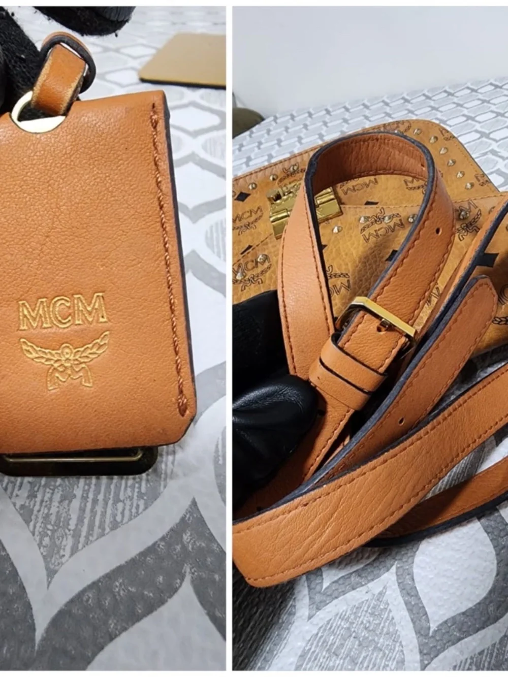 Authentic MCM Patricia Stud Trim Visetos Small Shoulder/ Crossbody Bag Brown